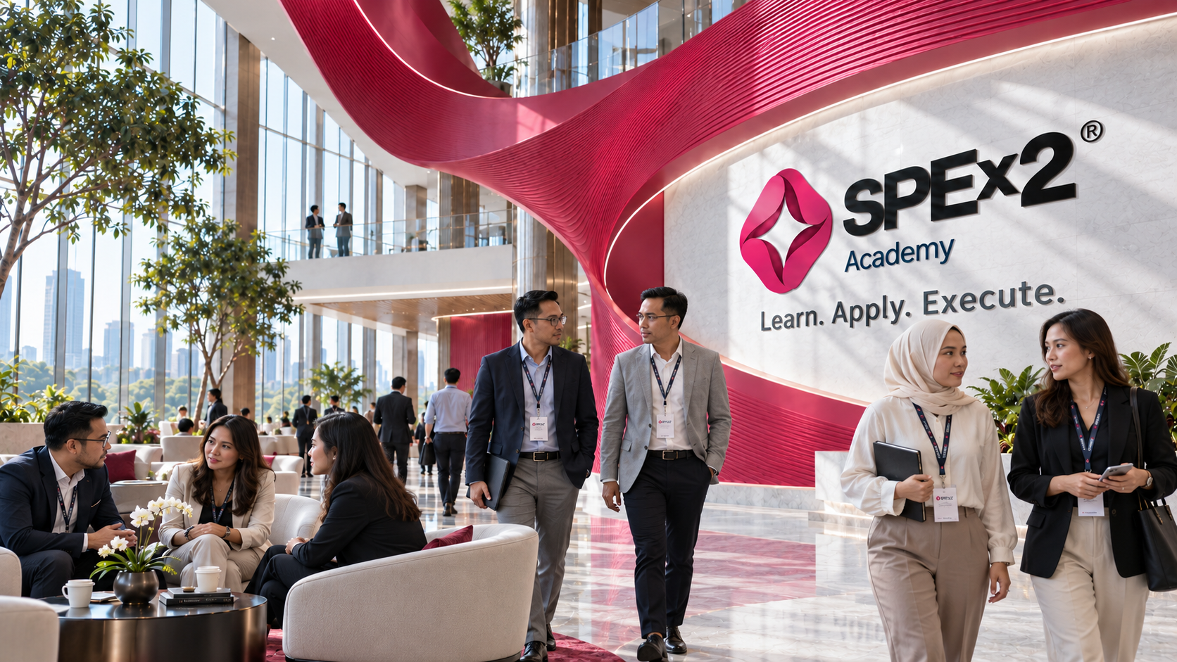 Indonesian professionals in the SPEx2 Academy atrium, with a closer view of the foreground groups, neutral daylight and the raspberry ribbon installation.