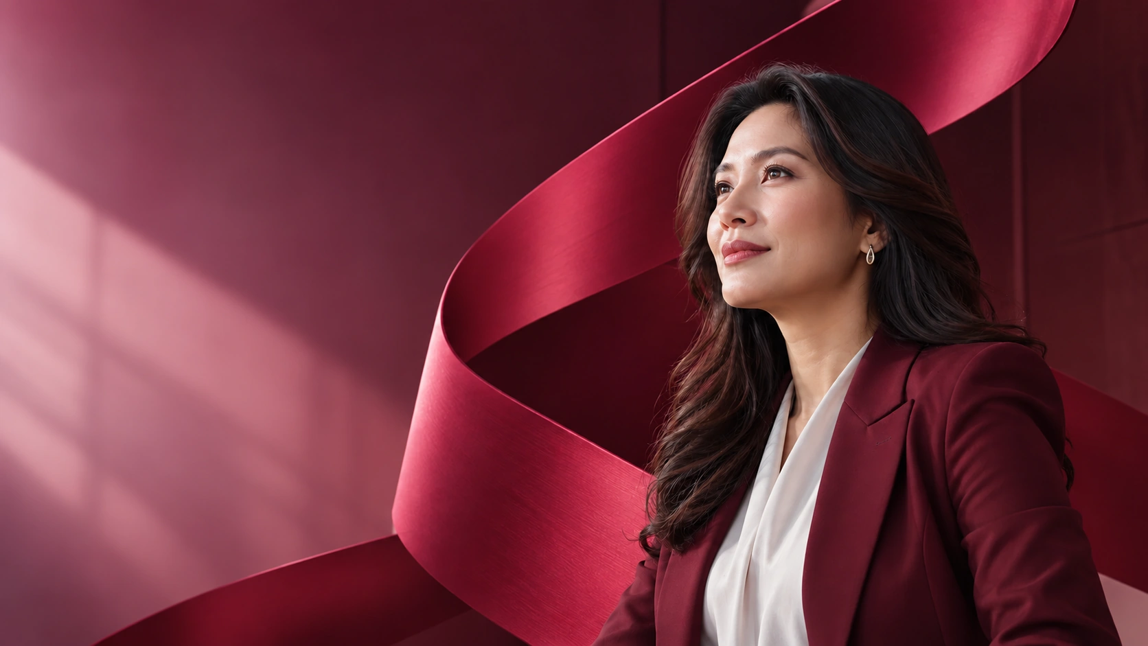 Indonesian woman in a raspberry jacket, with the original Academy ribbon backdrop.