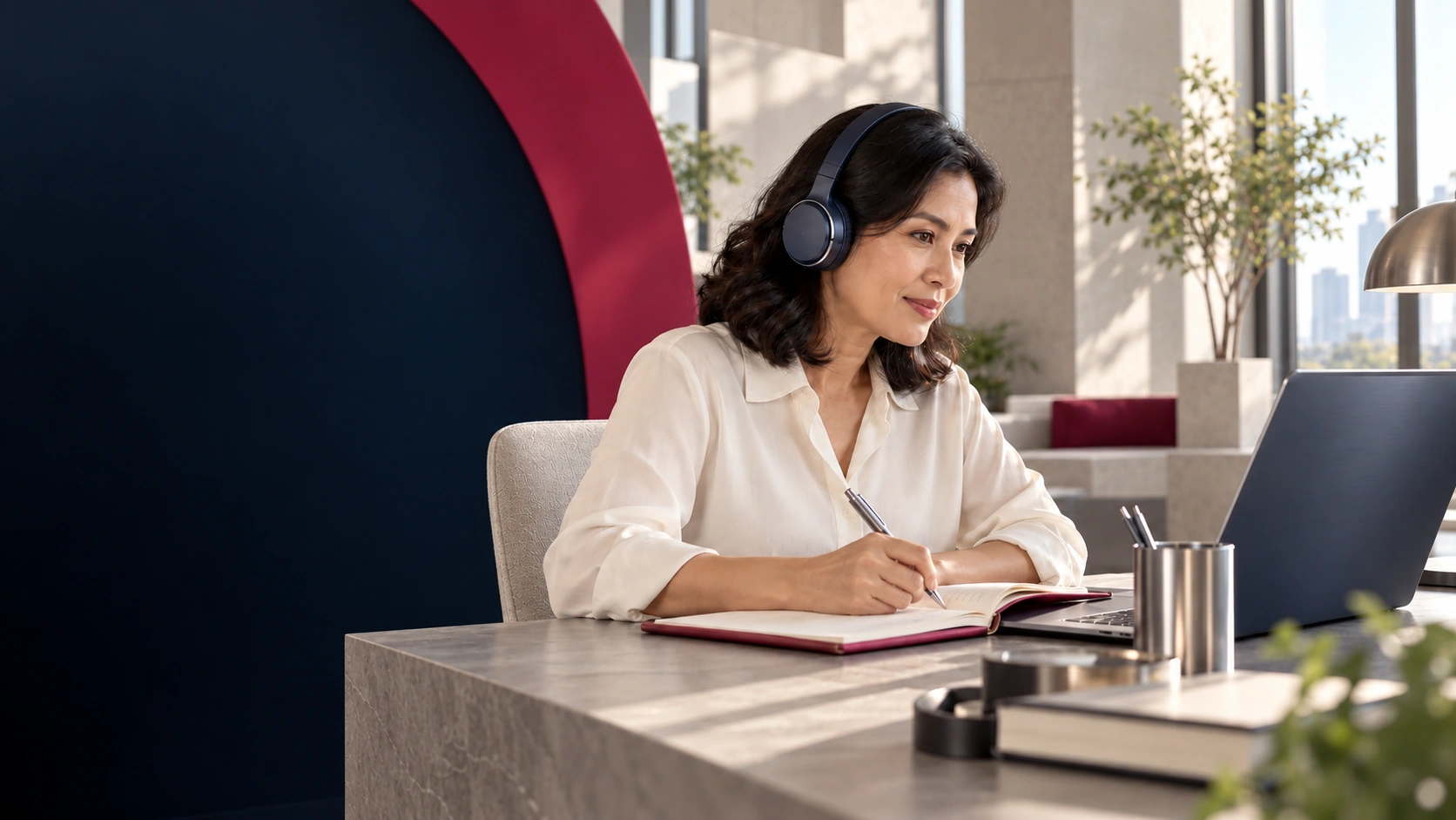 An Indonesian manager learning online and taking notes in a neutral ivory, silver and raspberry Academy study space.