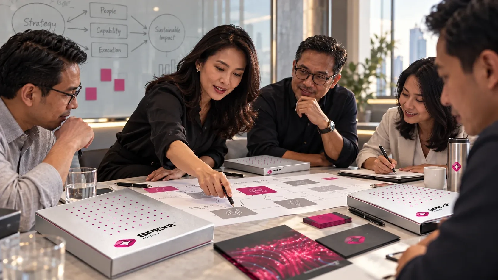 Academy workshop with five participants and the selected star motifs on the binder covers.