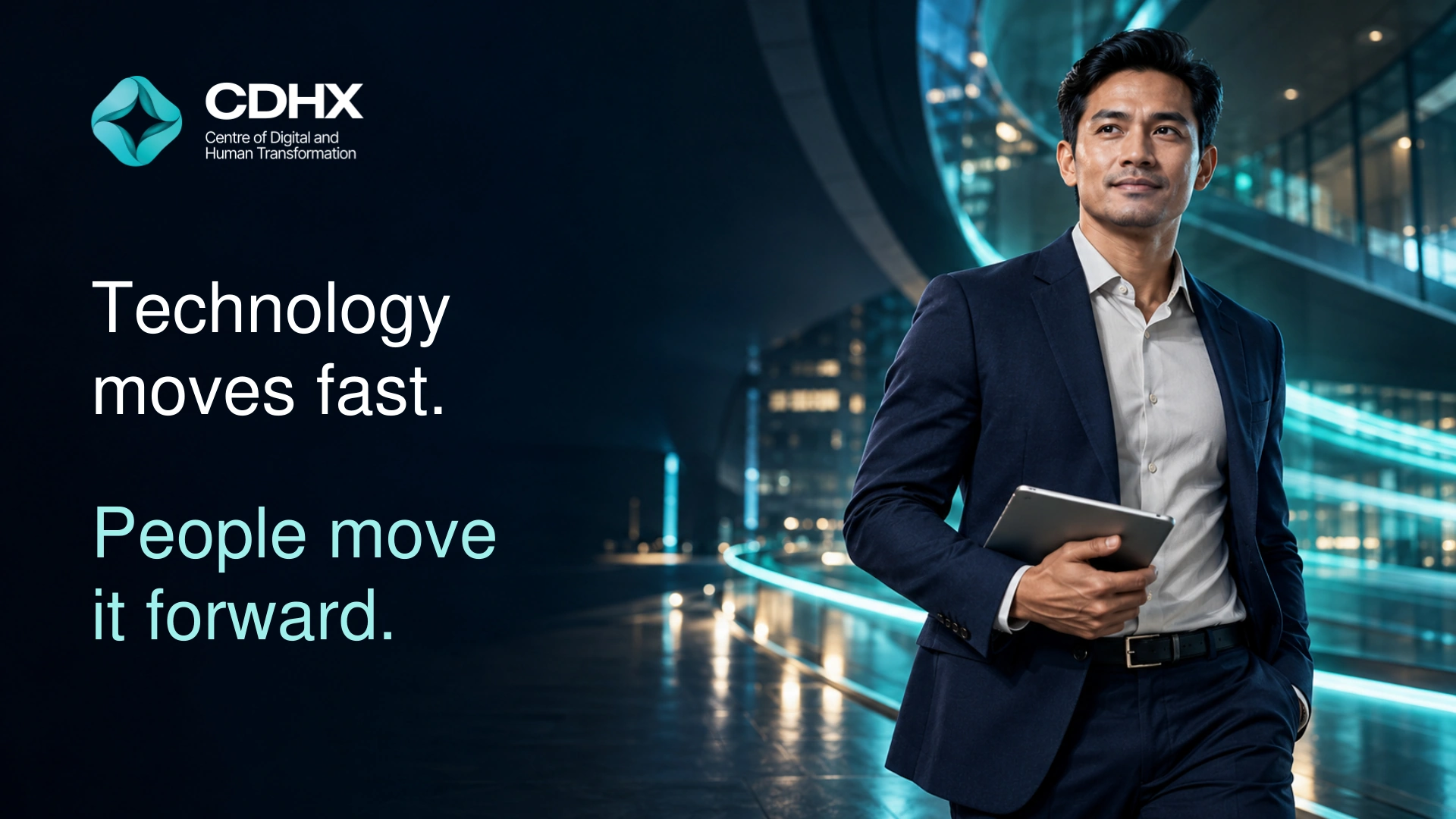 Technology moves fast. People move it forward. An Indonesian executive holding a tablet in a cinematic teal architectural setting.