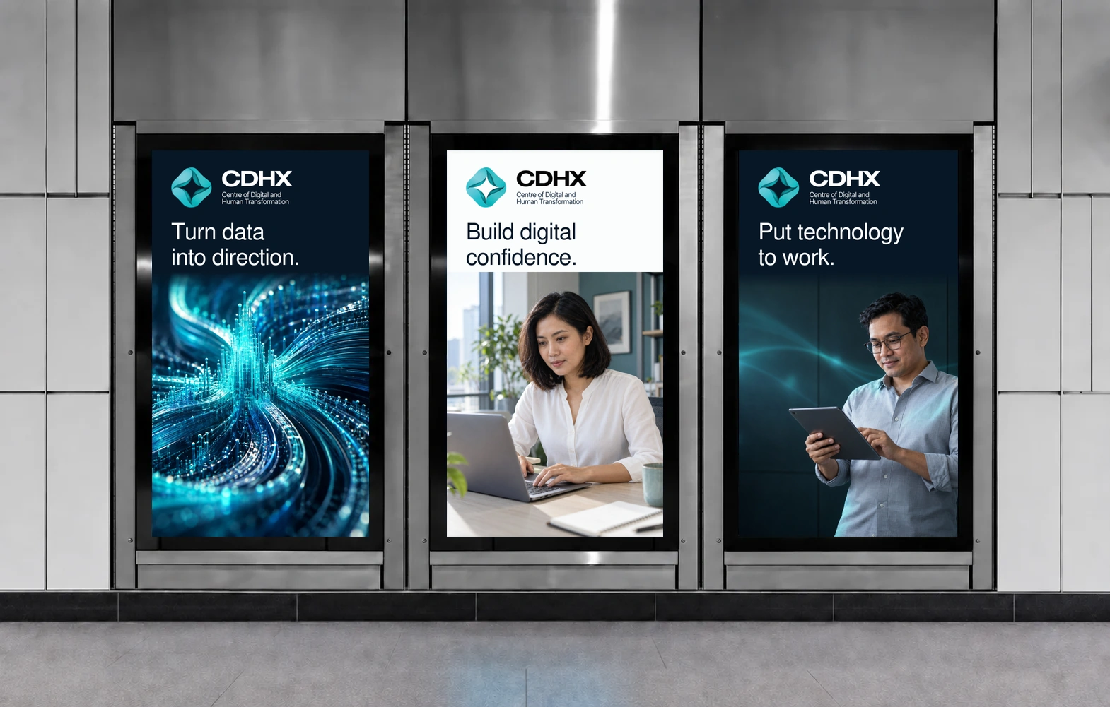 Three CDHX campaign posters with original logos above Nimbus headlines, distinct teal-toned imagery, and no website addresses.