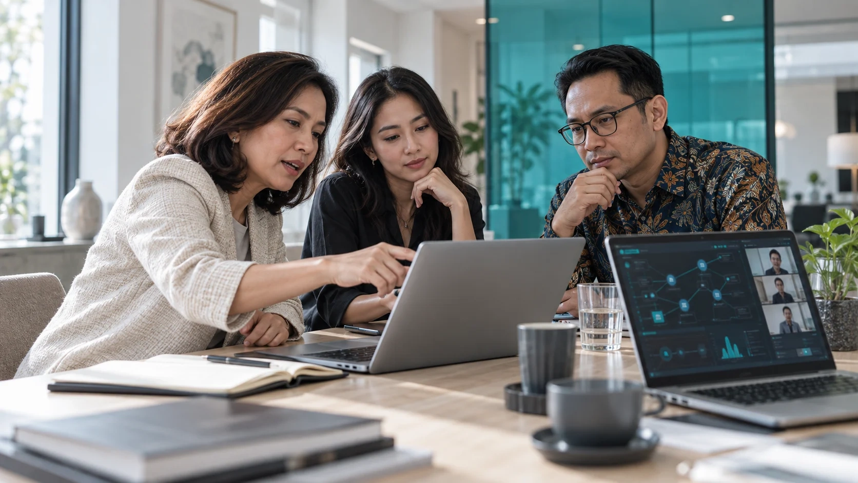Three Indonesian professionals studying a digital transformation case together at laptops.