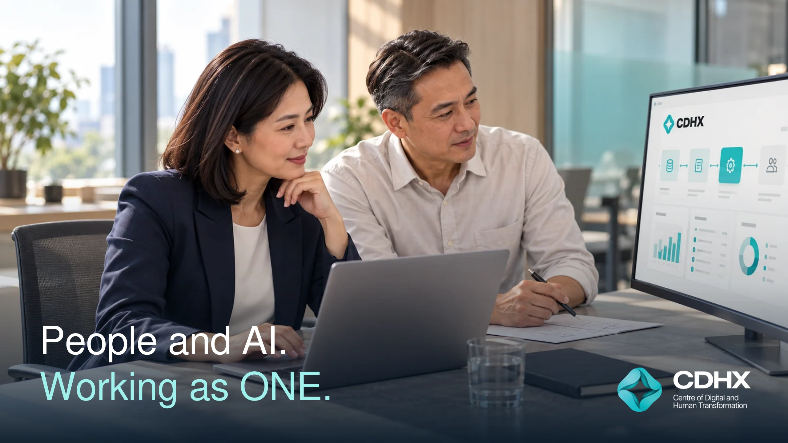 People and AI. Working as ONE. CDHX campaign with the logo and headline directly over the original photograph.