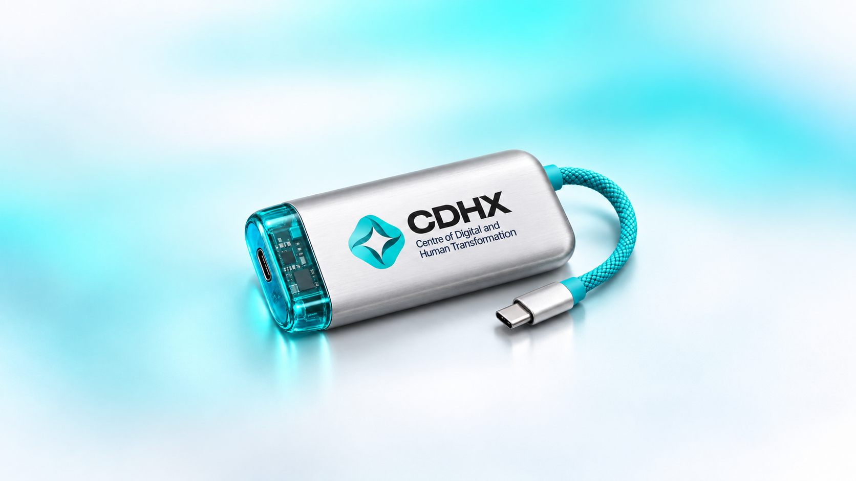 Silver CDHX power bank with a transparent teal shell and integrated charging cable.