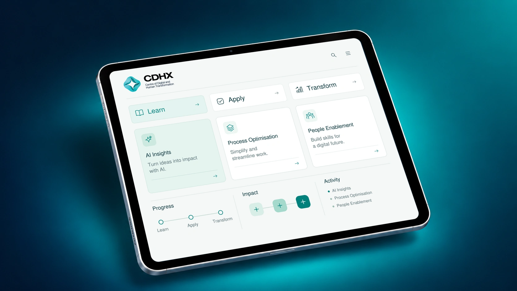 CDHX learning interface with the authentic logo, Nimbus typography, a clean white layout and teal learning modules on the original tablet.