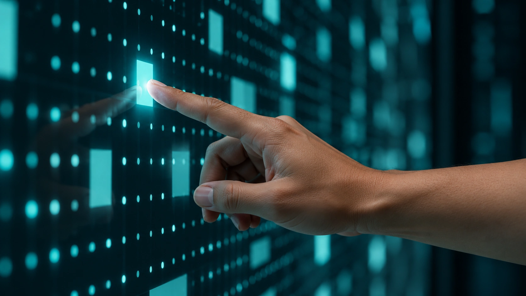 A hand interacting with a luminous teal digital wall.