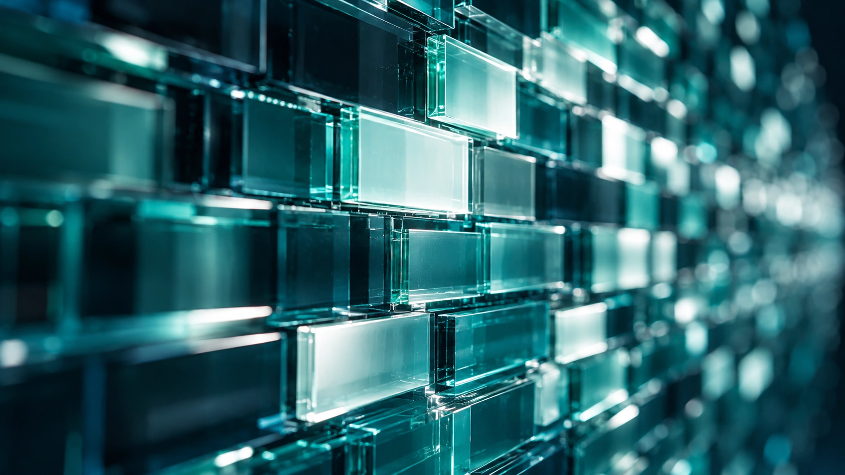 Luminous modular glass layers suggesting connected digital capabilities.