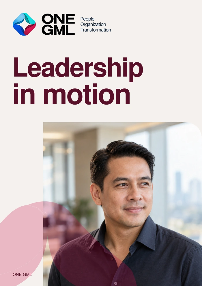 Leadership in motion. A distinct Indonesian male portrait with a rounded upper-right corner and a large translucent ONE GML brand watermark.