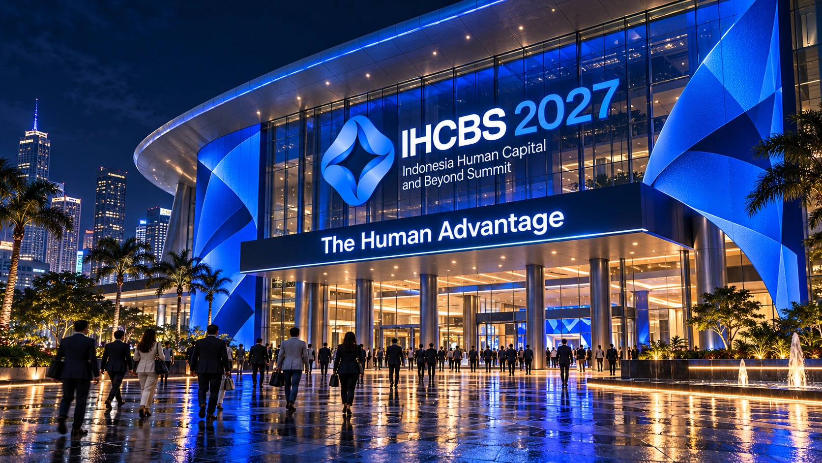 Monumental IHCBS 2027 summit facade at night, illuminated in electric blue with The Human Advantage headline and delegates in the plaza.