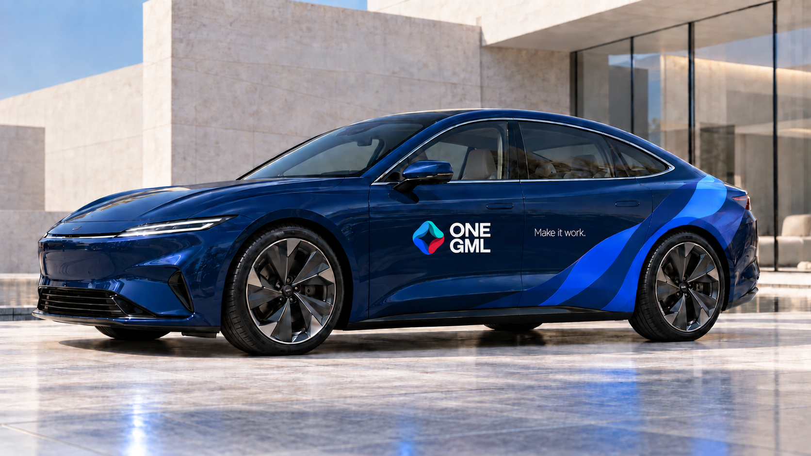 A navy ONE GML executive electric car with cobalt brand shapes, white wordmark and Make it work. on the doors.