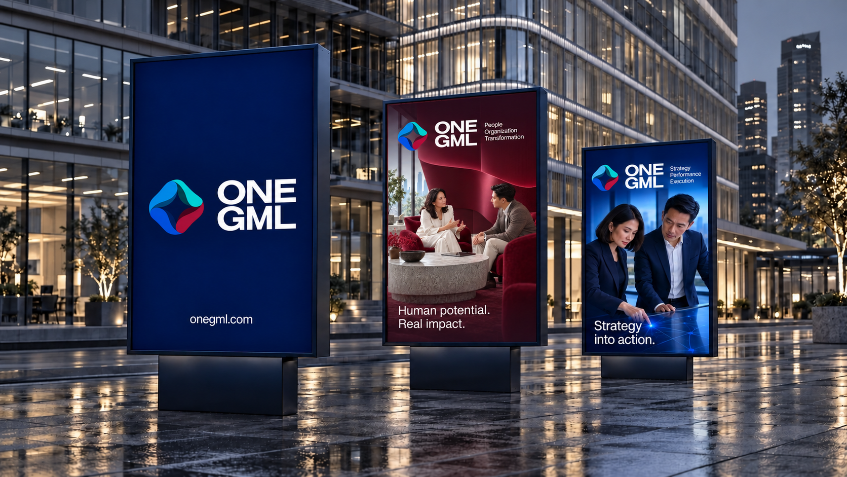 Three colourful ONE GML lightboxes with master, People and Strategy signatures against a softly desaturated urban background.