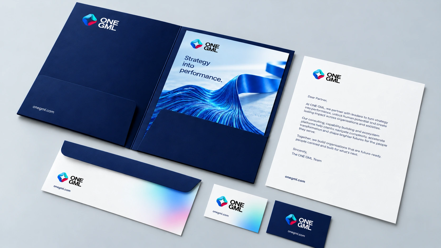 ONE GML presentation folder, correspondence and business cards.