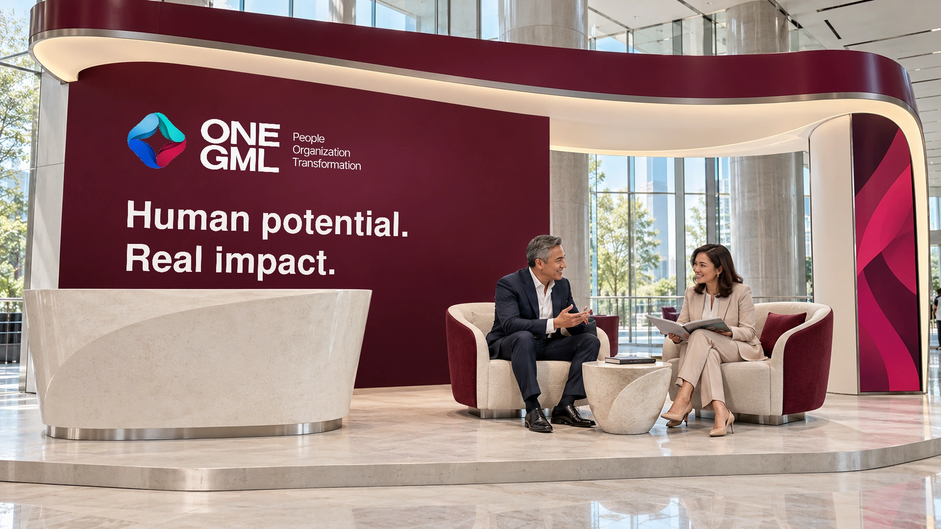A curved burgundy and ivory ONE GML Human Transformation pavilion with two Indonesian executives discussing a report inside the lounge.