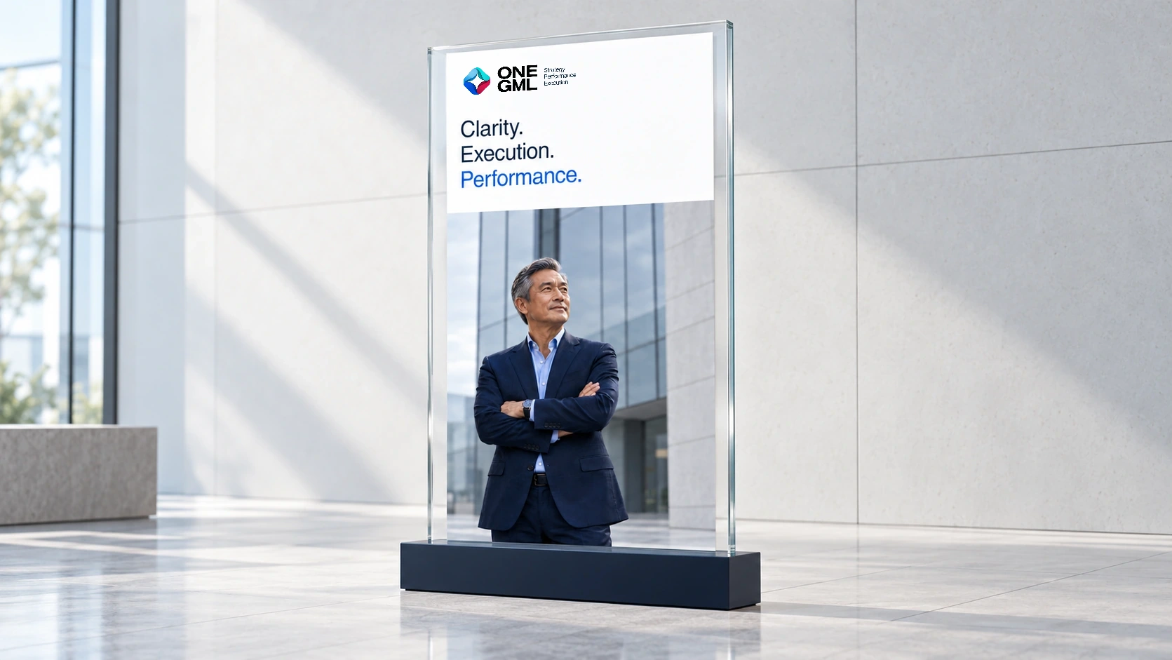 A portrait executive campaign on a freestanding acrylic panel.