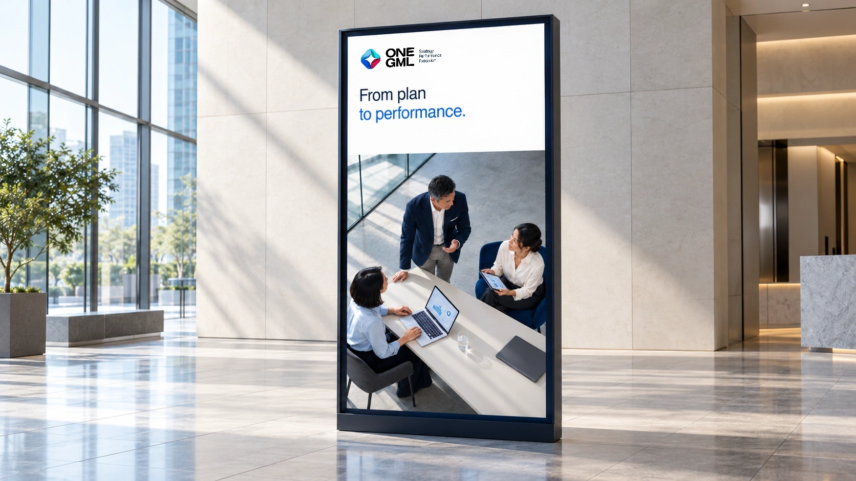 A freestanding ONE GML display in a light architectural lobby.