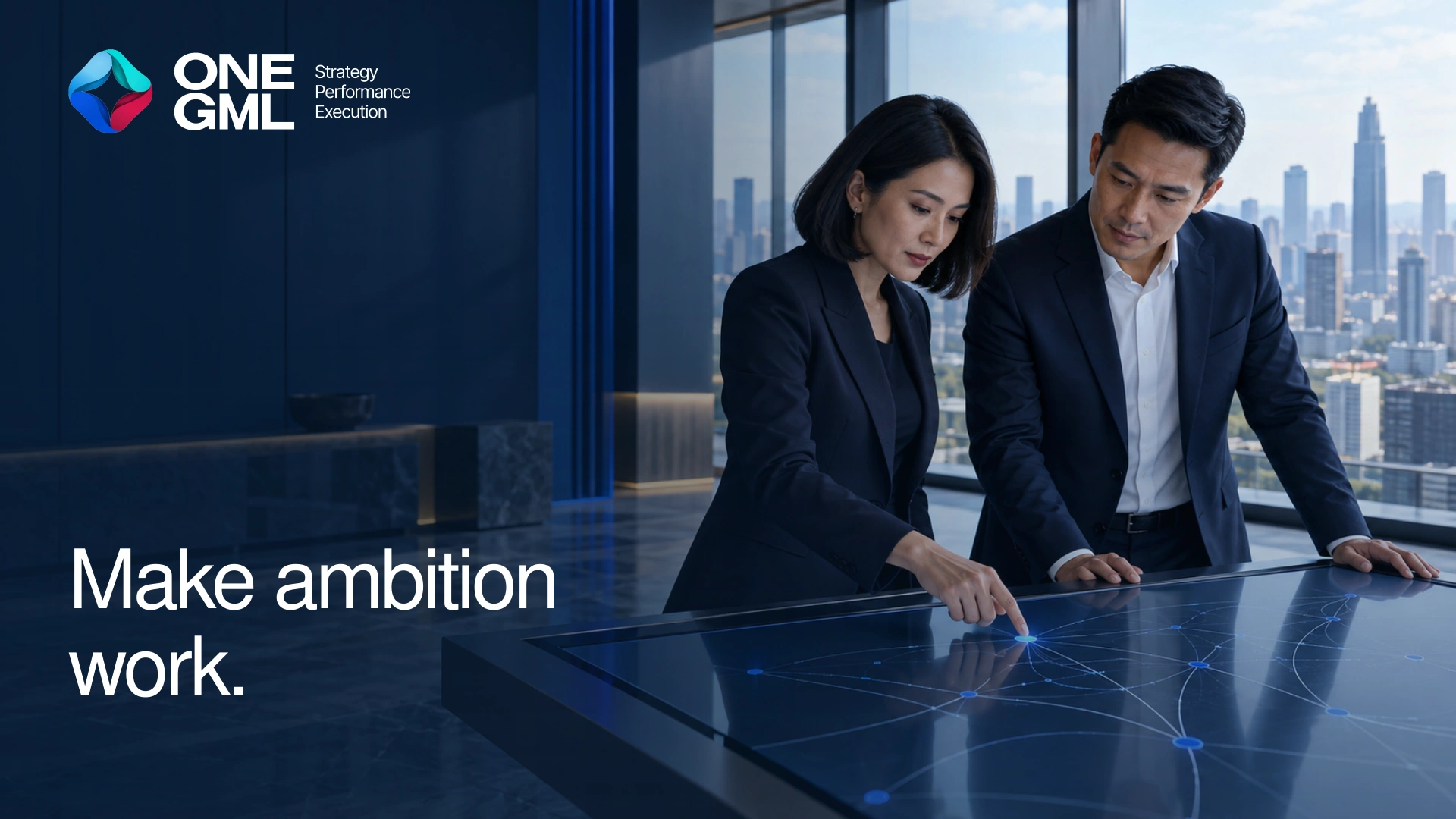 Two executives at a digital strategy table in a modern office.