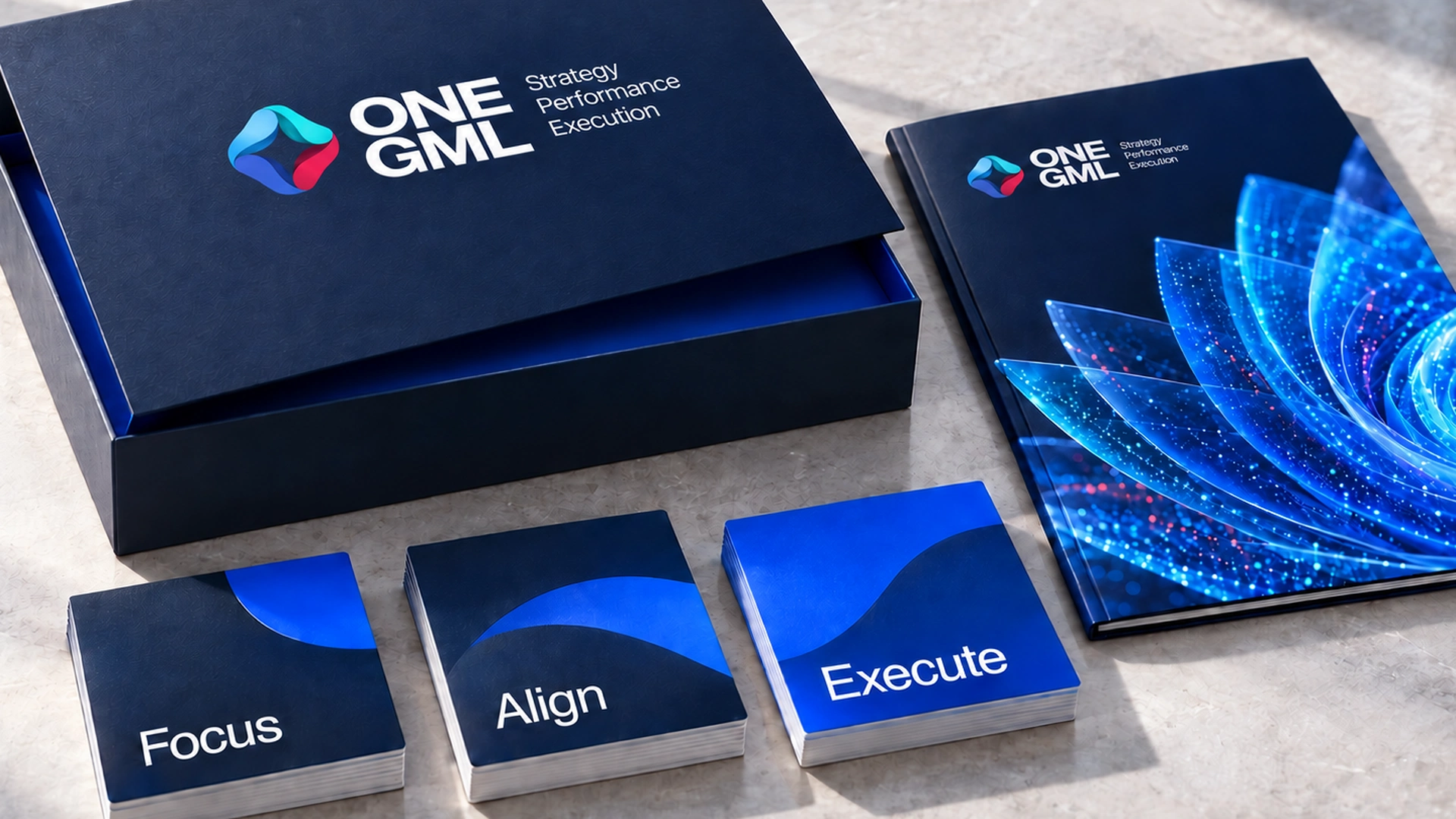 A tighter view of the original navy executive kit, showing the complete ONE GML Strategy Performance Execution logos, textured box, publication and Focus, Align, Execute cards.
